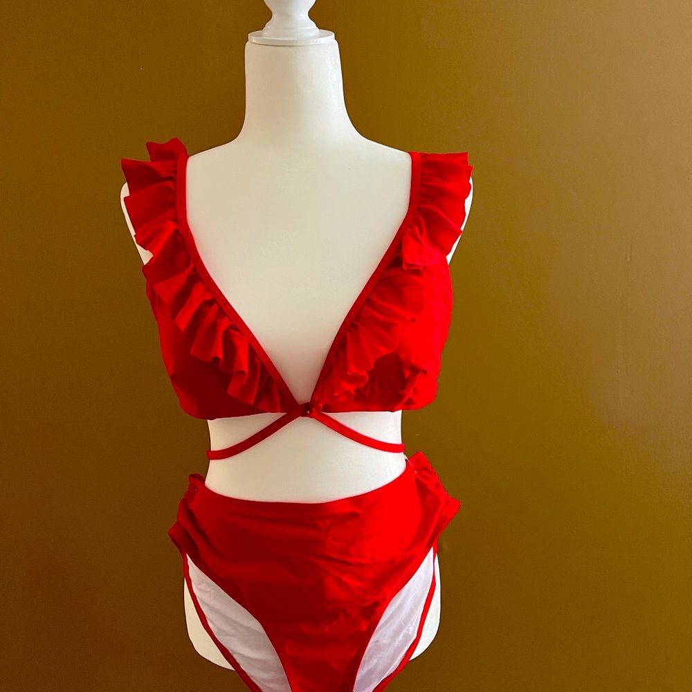 Hot red ruffle top bikini